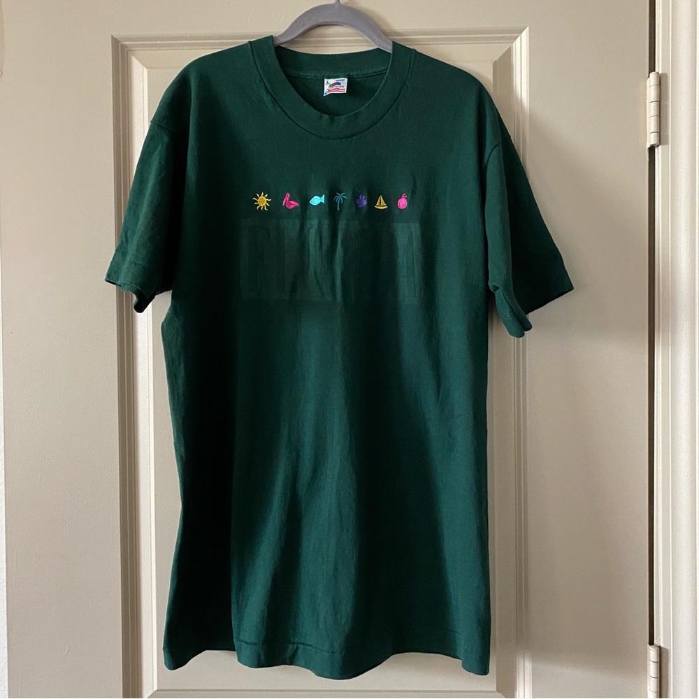 VTG Embroidered Florida Embossed Single Stitch T Shirt Green Size L Made In USA